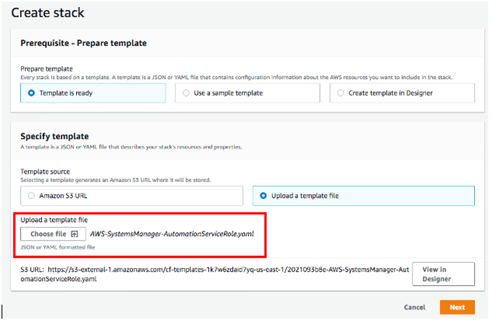 Under Specify template, the Upload a template file option is selected. Under Upload a template file, the AWS-SystemsManager-AutomationServiceRole.yaml file is displayed.