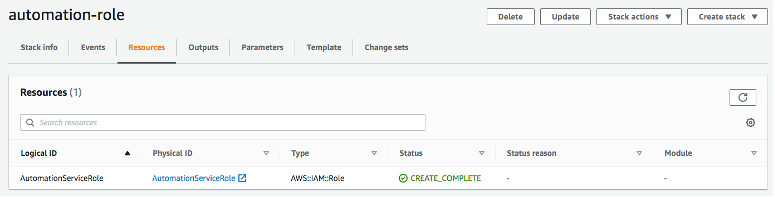 The Resources tab of the automation-role page is selected. It displays a logical ID (in this example, AutomationServiceRole), physical ID (AutomationServiceRole), type (AWS::IAM::Role), and status (CREATE_COMPLETE).