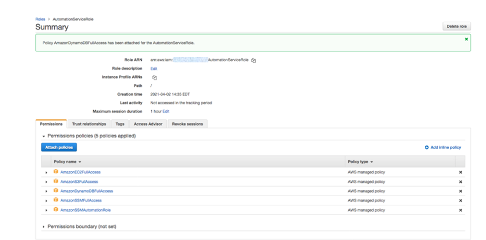 The Summary page for AutomationServiceRole includes tabs for Permissions, Trust relationships, Tags, Access Advisor, and Revoke sessions. The Permissions tab is selected and there are five AWS managed policies in the list.