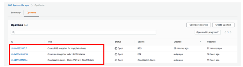 OpsCenter page displays three open OpsItems. One has a source of RDS. One has a source of EC2. One has a source of CloudWatch Alarm.