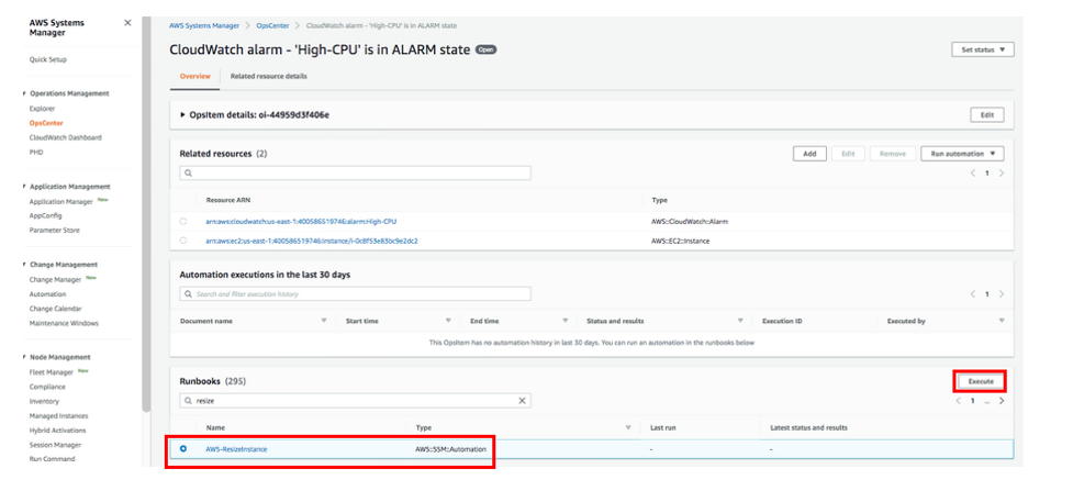 The alarm OpsItem details page displays sections for Related resources, Automation executions in the last 30 days, and Runbooks. The AWS-ResizeInstance runbook appears in the Runbooks list.