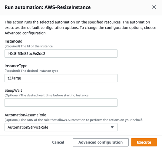 Run automation: AWS-ResizeInstance displays fields for instance ID, instance type, and AutomationAssumeRole.