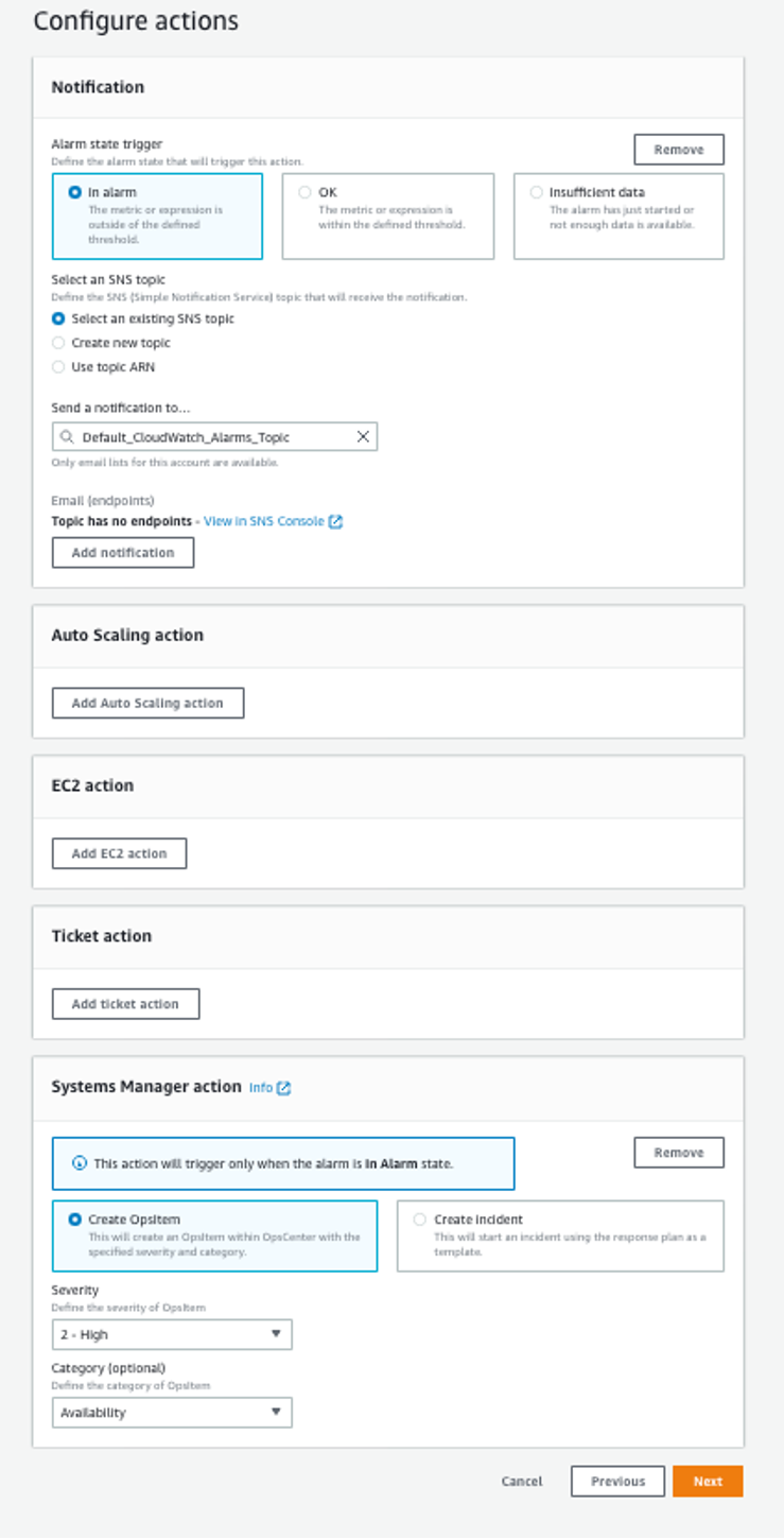Configure actions page displays options selected as described in the blog post procedure