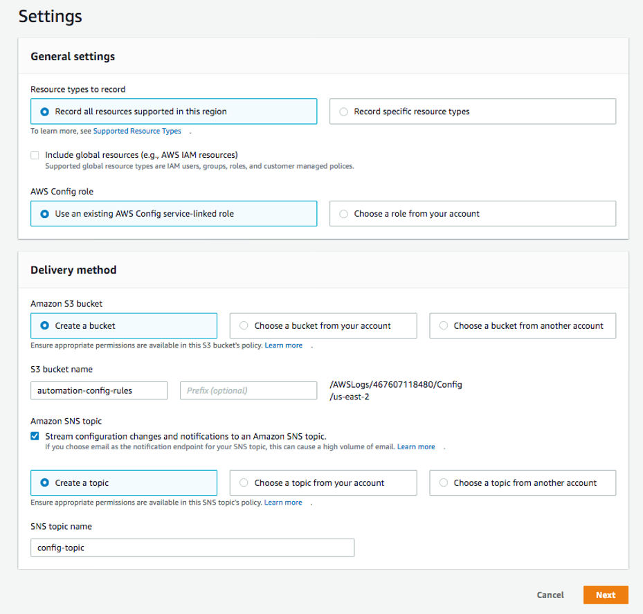 Settings page includes General settings where Record all resources supported in this region is selected. Under AWS Config role, Use an existing AWS Config service-linked role is selected. Under Delivery method, Created a bucket is selected. Under Amazon SNS topic, the Stream configuration changes and notifications to an Amazon SNS topic is selected.