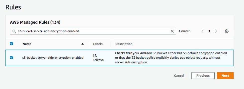 Under AWS Managed Rules, the search field displays s3-bucket-server-side-encryption-enabled.