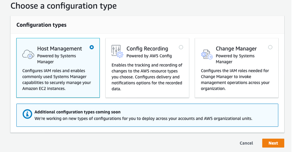 Choosing configuration type in AWS Systems Manager Quick Setup