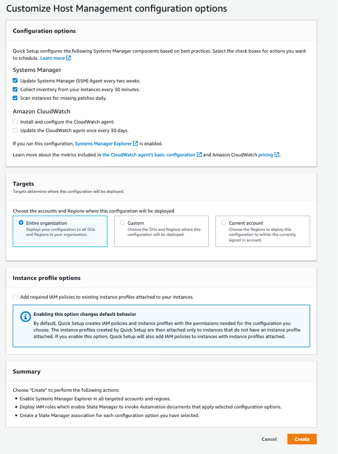 Under Systems Manager, the options to update the SSM Agent every two weeks, collect inventory from instances every 30 minutes, and scan instances for missing patches daily are selected.