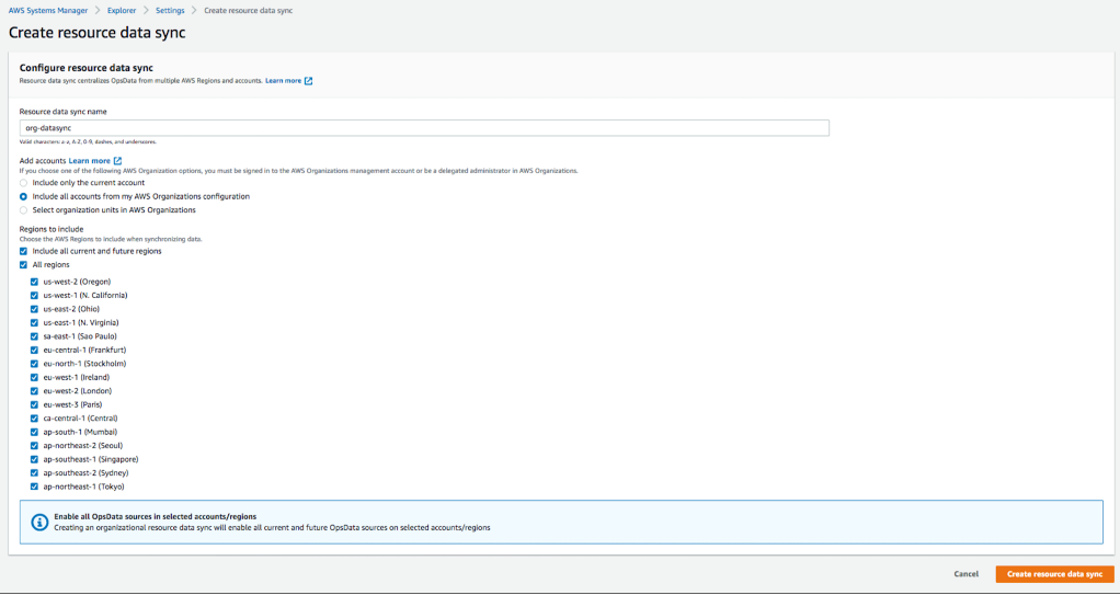 Create resource data sync page displays values and selections as described in the blog post procedure.