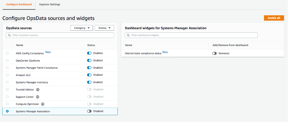 On Configure OpsData sources and widgets, the following OpsData sources are enabled: AWS Config Compliance, OpsCenter OpsItems, Systems Manager Patch Compliance, Amazon EC2, and Systems Manager Inventory.