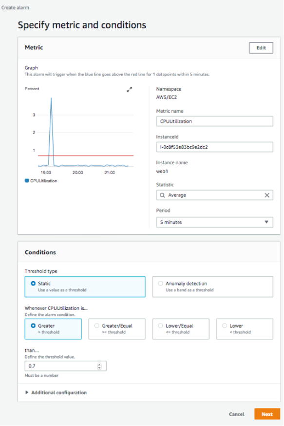Specifying CloudWatch metric and conditions