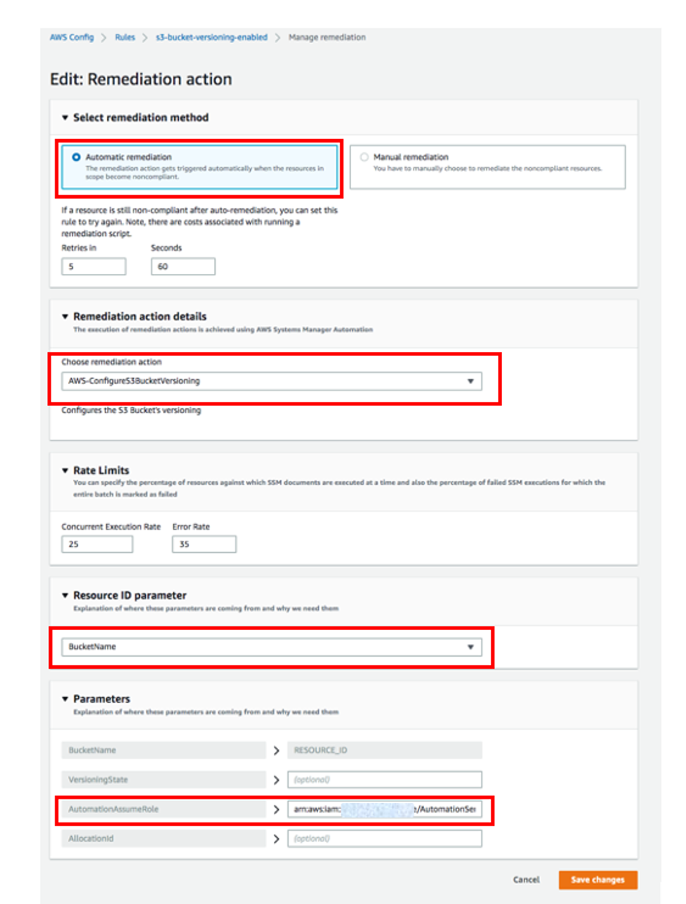 Edit: Remediation action displays fields completed as described in the procedure.