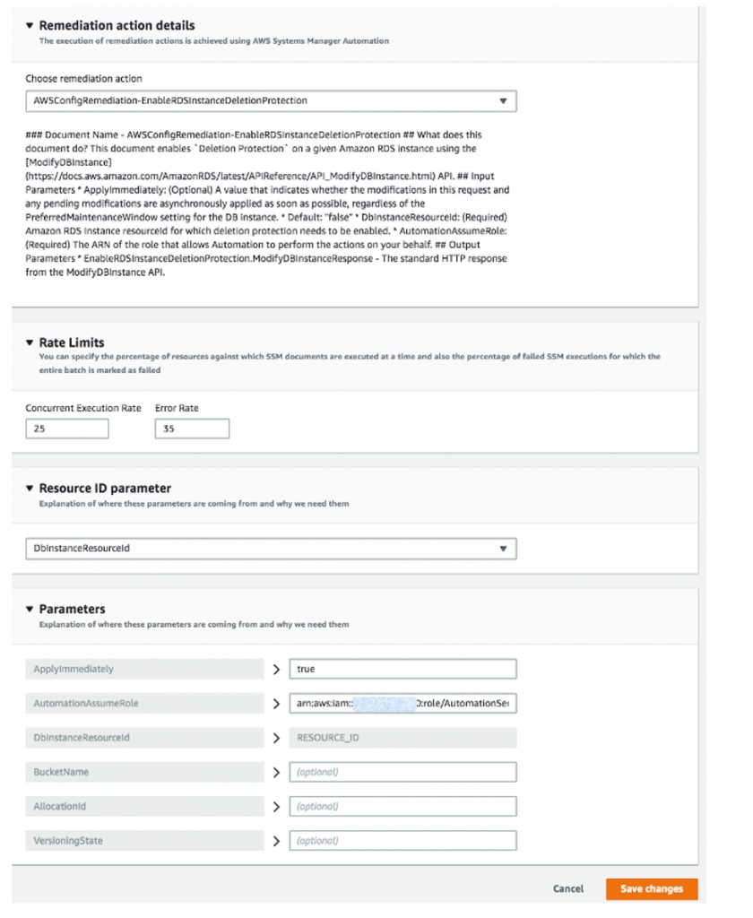 Remediation action details is expanded to display AWSConfigRemediation-EnableRDSInstanceDeletionProtection and details about the document. The Rate Limits, resource ID parameter, and Parameters sections are completed as described in the procedure. 