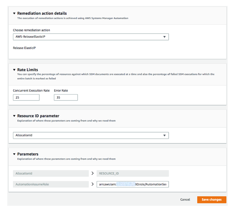Choose remediation action, Rate Limits, Resource ID parameter, and Parameters fields are completed as described in the procedure.