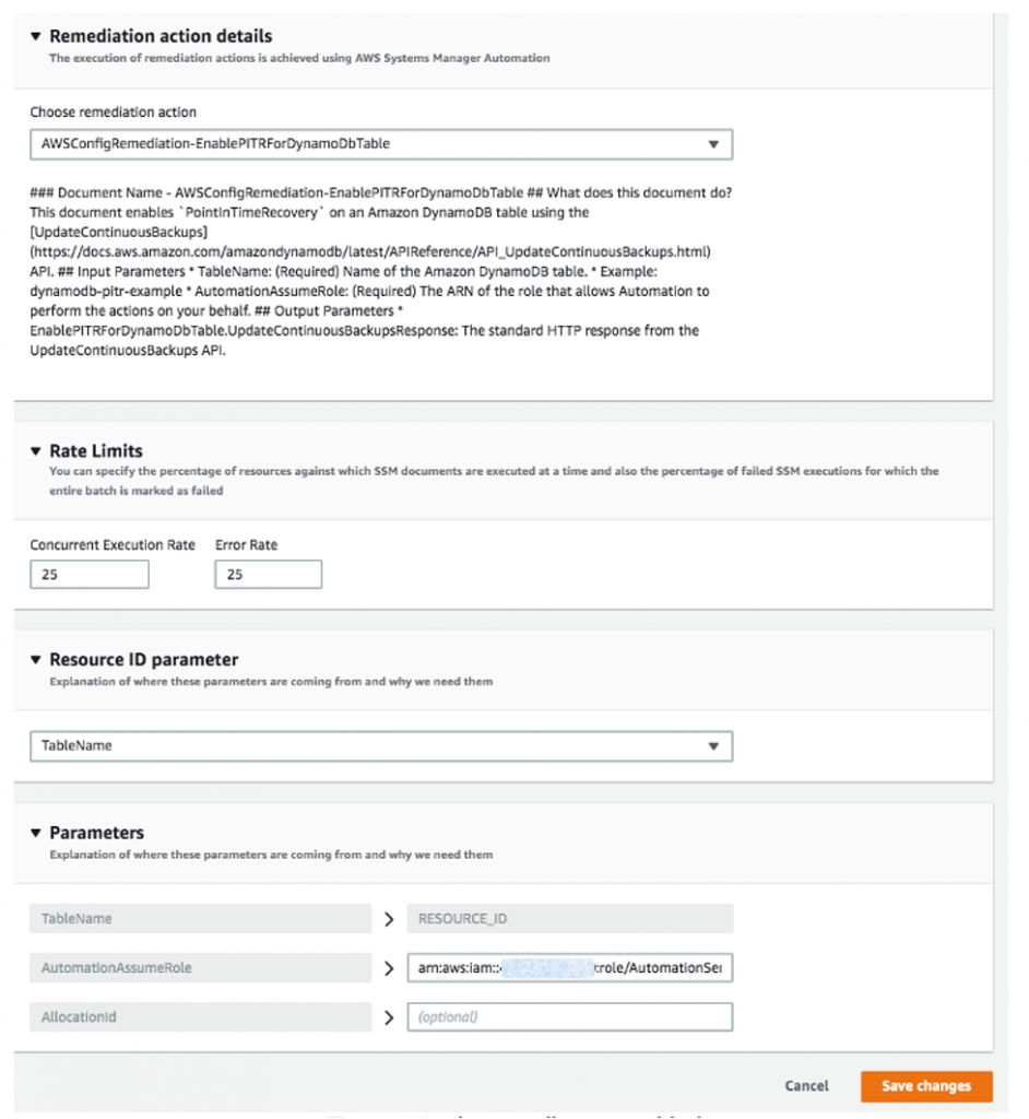Remediation action details, Rate Limits, Resource ID parameter, and Parameters are completed as described in the procedure.