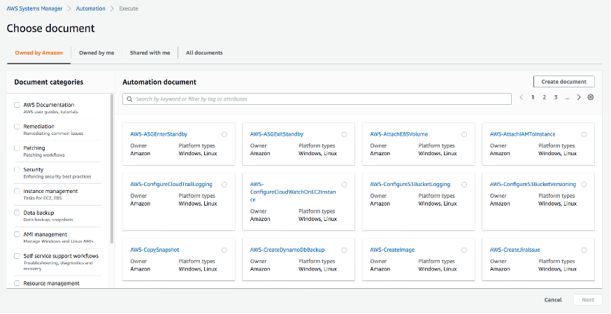 Choose document page displays tabs for Owned by Amazon (in this example, selected), Owned by me, Shared with me, and All documents. The document categories include Remediation, Patching, Security, Instance management, Data backup, and more.