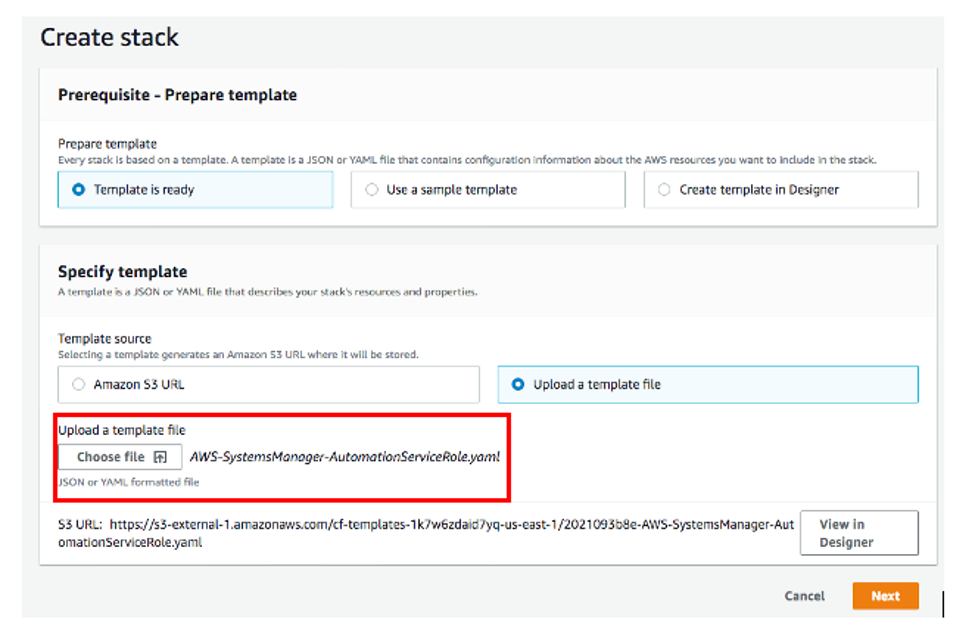 Under Specify template, the Upload a template file option is selected. Under Upload a template file, the AWS-SystemsManager-AutomationServiceRole.yaml file is displayed.