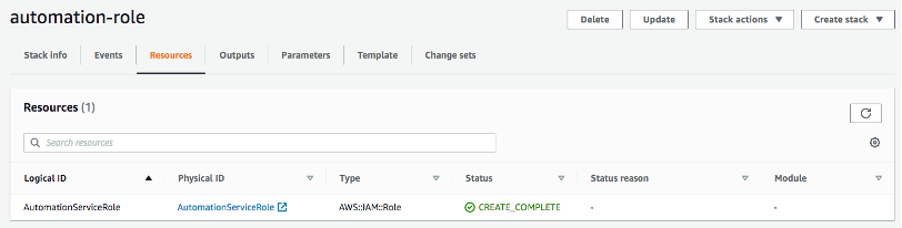 The Resources tab of the automation-role page is selected. It displays a logical ID (in this example, AutomationServiceRole), physical ID (AutomationServiceRole), type (AWS::IAM::Role), and status (CREATE_COMPLETE).