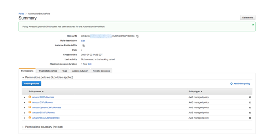 The Summary page for AutomationServiceRole includes tabs for Permissions, Trust relationships, Tags, Access Advisor, and Revoke sessions. The Permissions tab is selected and there are five AWS managed policies in the list.