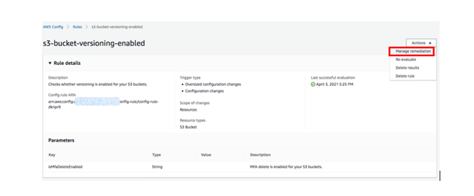 Details page for s3-bucket-versioning-enabled includes sections for rule details (description, ARN, trigger type, last successful evaluation, and more) and parameters.