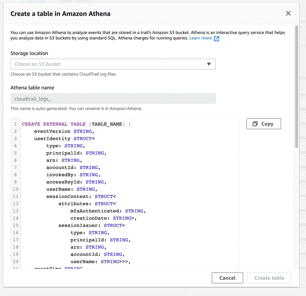 The ‘Create a table in Amazon Athena’ pop-up menu includes fields for storage location. The Athena table name is generated automatically, but you can rename it in the Athena console.