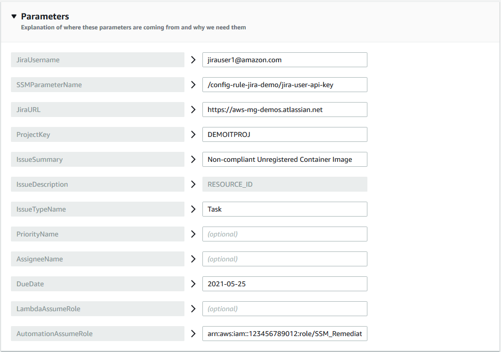 Parameters displays parameters and example values for JiraUsername, SSMParameterName, JiraURL, ProjectKey, IssueSummary, IssueTypeName, and more.