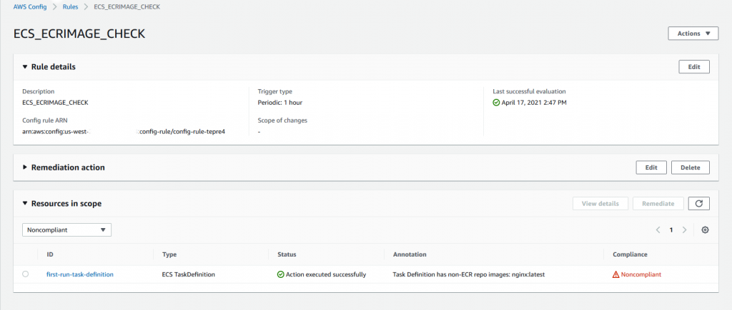 The details page for ECS_ECRIMAGE_CHECK includes fields for description, rule ARN, target type, and last successful evaluation. Under Resources in scope, first-run-task-definition has a status of Action executed successfully and a compliance of Noncompliant.