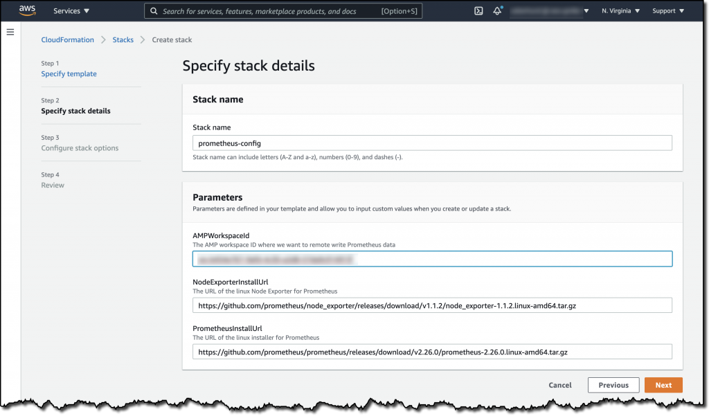 In Specify stack details, prometheus-config is entered for the stack name. Under Parameters, the AMP workspace ID and installation URLs for Node Exporter and Linux installer for Prometheus are displayed.
