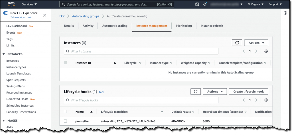 The lifecycle hook section of the AutoScale-prometheus-config Auto Scaling group. The hook has been configured for a lifecycle transition of autoscaling:EC2_INSTANCE_LAUNCHING, a default result of ABANDON, and a heartbeat timeout of 3600 seconds.
