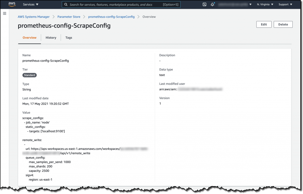 The Prometheus scrape configuration stored in Parameter Store specifies a job_name of node and a remote write configuration to push data to the AMP workspace.