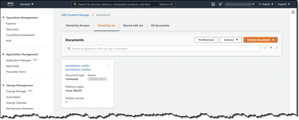 The Owned by me tab displays the Command document that was created by the CloudFormation stack.