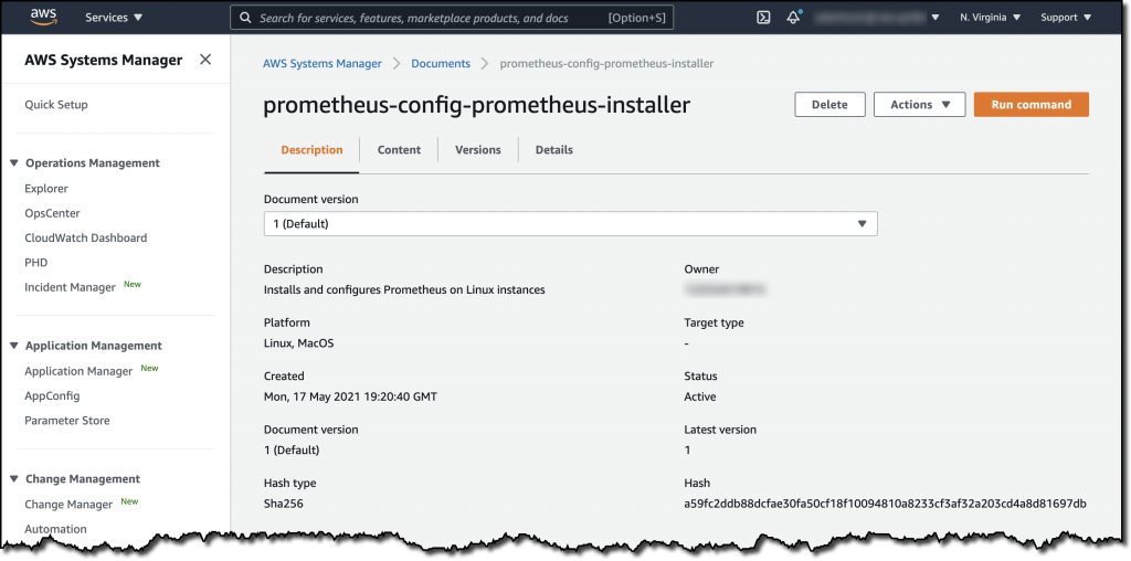 The details of the AWS Systems Manager Command document include the description (Installs and configures Prometheus on Linux instances), platform, created date, owner, status, and more.