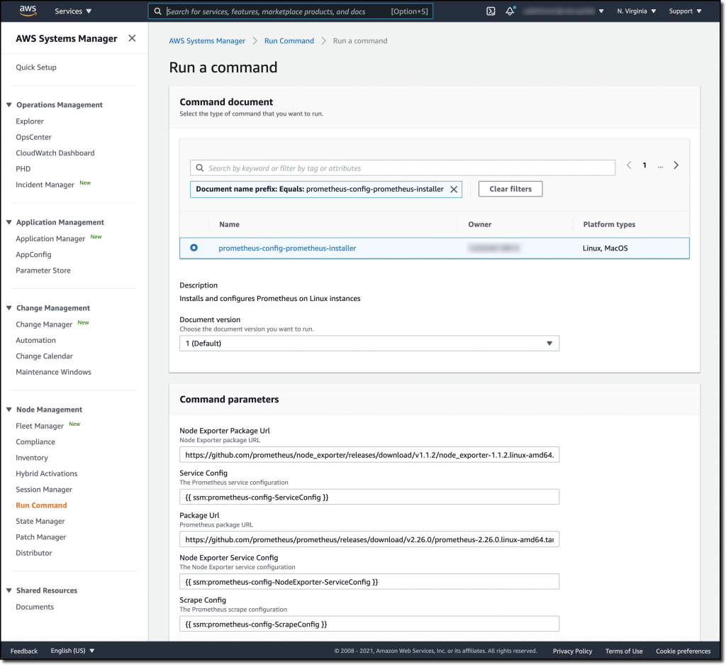 The Run a command page displays parameters for Node Exporter Package Url, Service Config, Package Url, Node Exporter Service Config, and Scrape Config.
