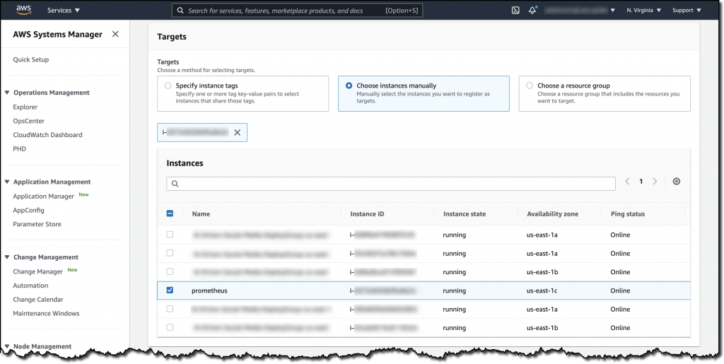 Under Targets, Choose instances manually is selected. Under Instances, an instance named prometheus is selected. The Command document will be run on this instance.