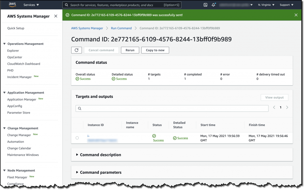 The Run Command details show that the command was successfully executed against the selected EC2 instance. The page also displays Command description and Command parameters sections.