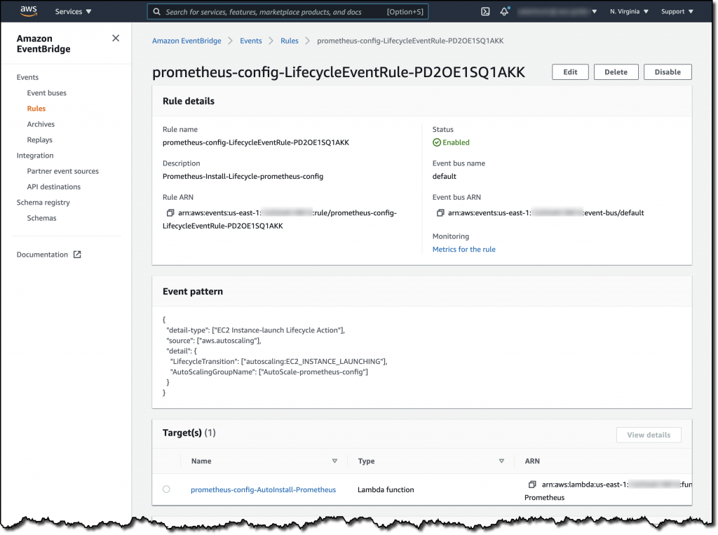 The Prometheus event rule in the EventBridge console shows that aws.autoscaling events that have a lifecycle transition value of autoscaling:EC2_INSTANCE_LAUNCHING and belong to an Auto Scaling group named AutoScale-prometheus-config will be sent to a Lambda function for processing