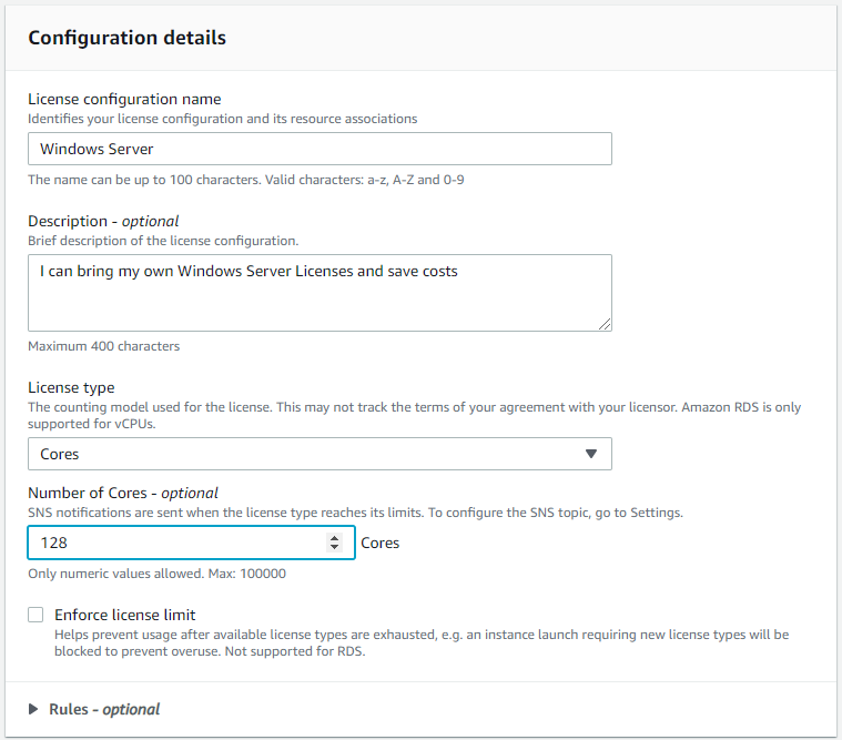 The license configuration name, description, a license type of cores, and the optional number of cores set at 128 in this example.