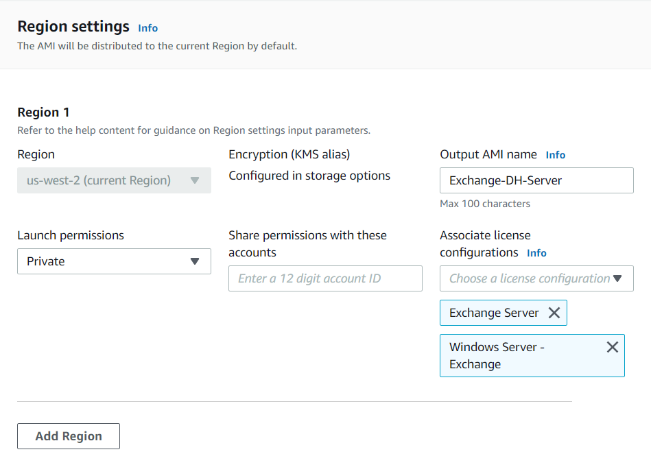 EC2 Image Builder settings for associating the license configurations “Exchange Server” and “Windows Server – Exchange”.