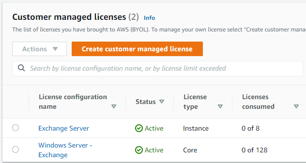 Completed example of two license configurations named Exchange Server and Windows Server – Exchange.
