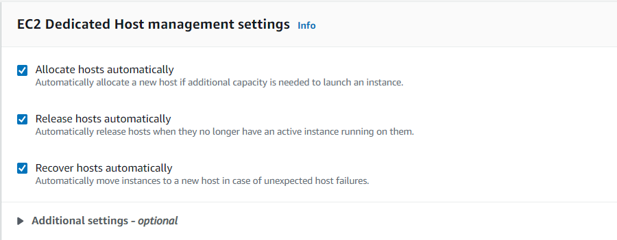 Host resource group setup options for allocating, releasing, and recovering that are all check boxed