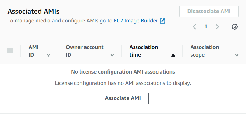 License configuration tab with the “Associate AMI” button that will be clicked to add a private AMI. 