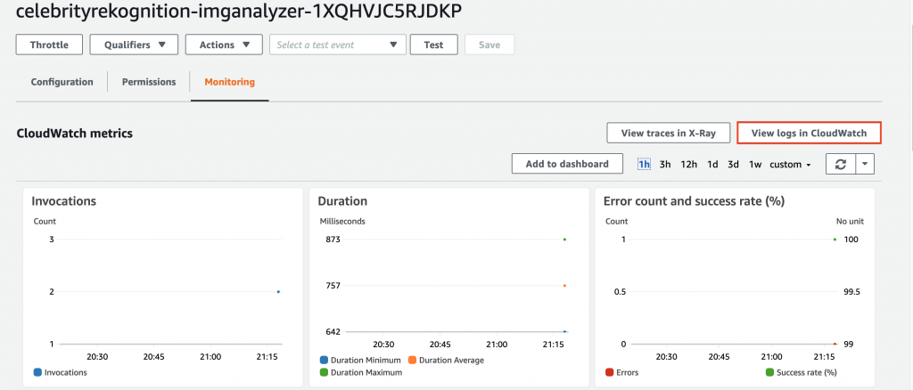 The details displayed on the Monitoring tab are CloudWatch metrics: invocations, duration, and error count and success rate. You can open the CloudWatch console from the function’s detail page by choosing View logs in CloudWatch.