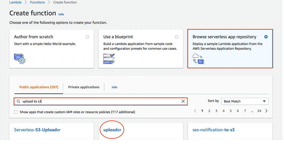 On the Create function page, Browse serverless app repository is selected. After upload to S3 is entered in the search box, the repository returns results, including uploader.