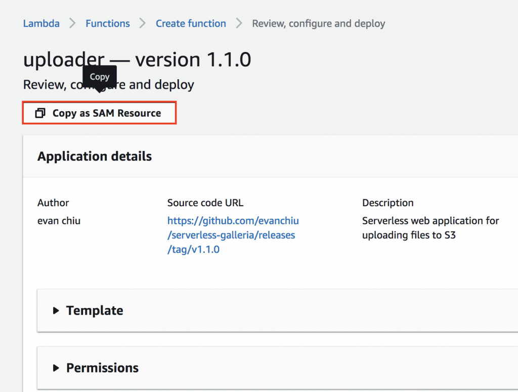Uploader details page includes application details like author, source code URL, and description. It also includes the Copy as SAM Resource button.