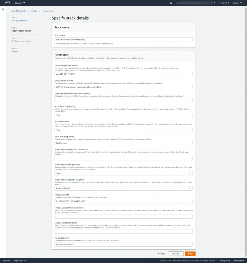 Example parameters for the CloudFormation stack deployed in the management account.