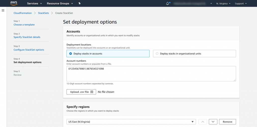 Example deployment locations for the StackSet created in the management account.