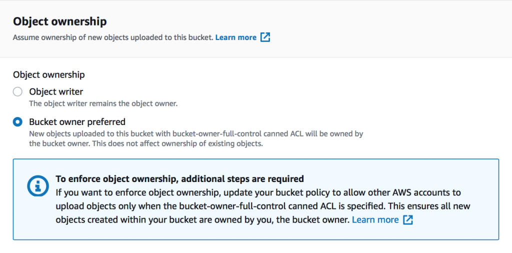 The Object ownership section displays two options: Object writer and Bucket owner preferred.