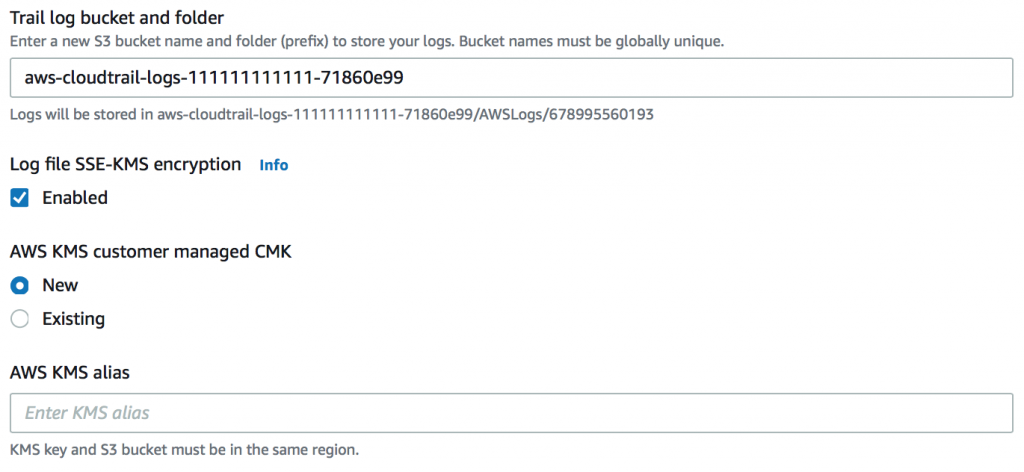 Under Trail log bucket and folder, Log file SSE-KMS encryption is selected. Under AWS KMS customer managed CMK, New is selected. 