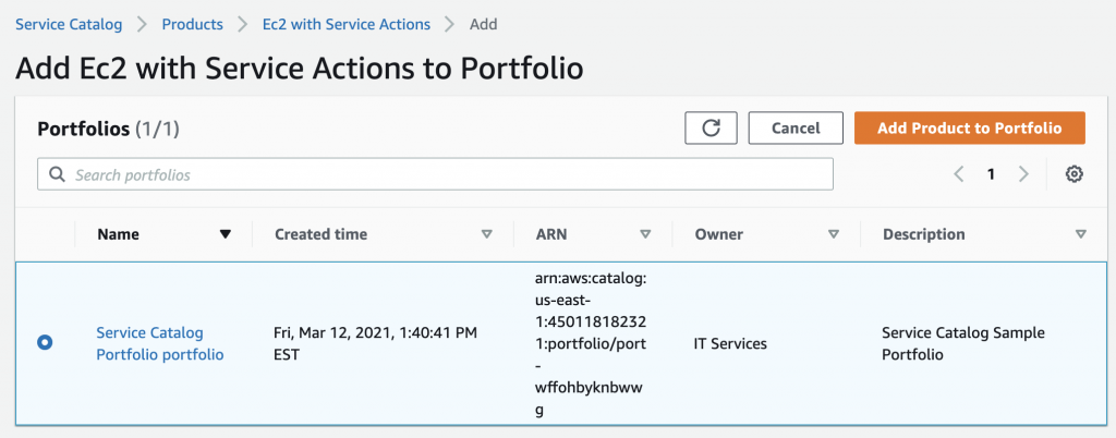The “Service Catalog Portfolio portfolio” is selected on the page.