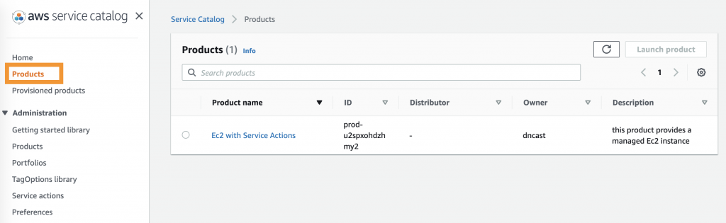 In the left navigation pane of the console, Products is highlighted.