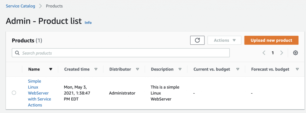 Products list displays the newly created product, Simple Linux WebServer with Service Actions.
